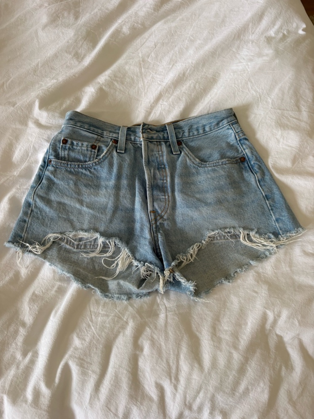 Levi's 501 Light Blue Distressed Cutoff Denim Shorts